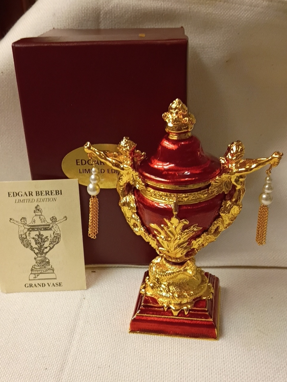 Edgar Berebi Limited Edition Red & Gold Grand Vase Trinket Box, New!